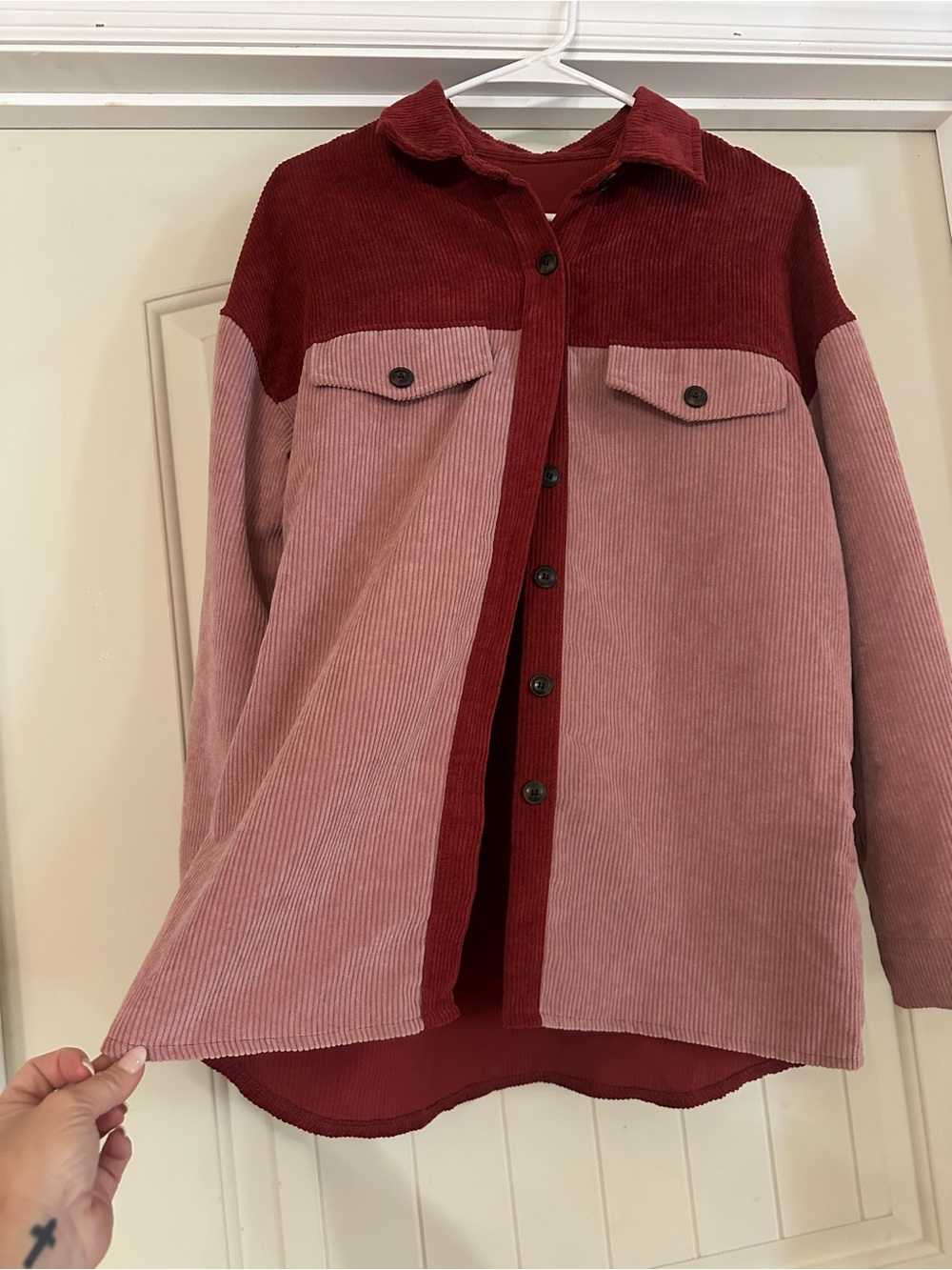 Colorblock Corduroy Shacket - Rose Pink & Burgundy